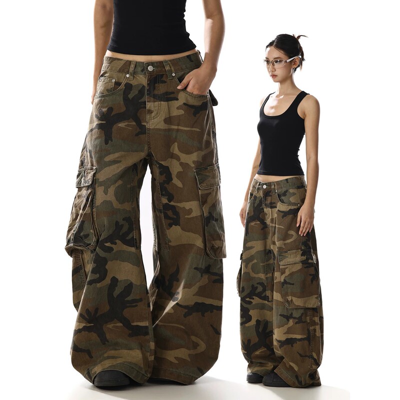 American Retro Camouflage Multi-Pocket Cargo Pants for Men and Women, New Summer Style, Loose Casual Straight Wide-Leg Pants