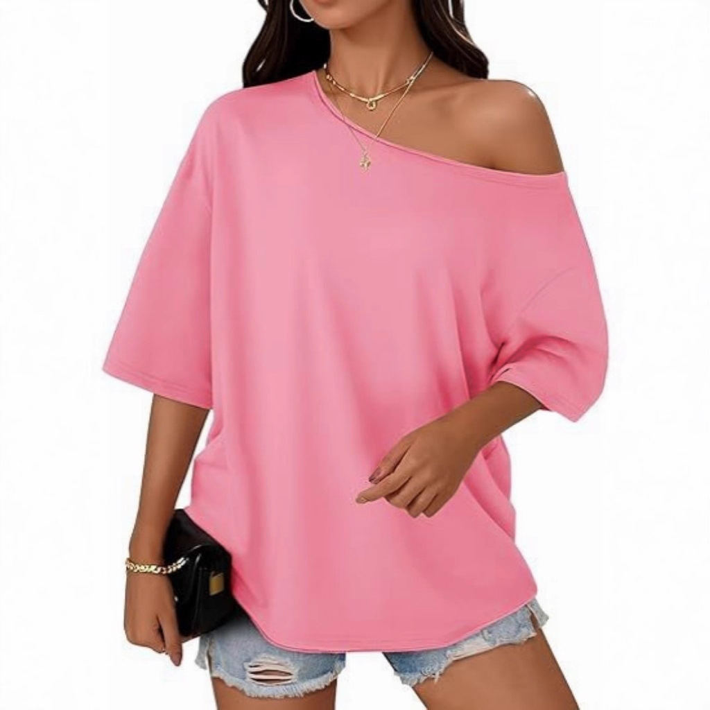 现货 2025欧美跨境新款女式T恤休闲时尚斜领上衣女士针织短袖上衣