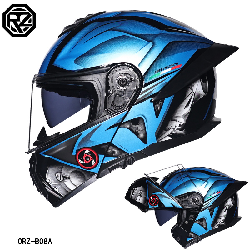 Casco de Motocicleta Orz con Certificación DOT para Hombre y Mujer, Casco Abierto con Visera Doble, Spoiler de Invierno, Cobertura Media, Azul para Todas las Estaciones.
