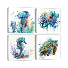 水彩章鱼座椅海龟海马水母墙面装饰画沙滩浴室装饰品客厅家居装饰