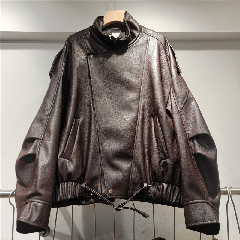 Chaqueta de cuero marrón para mujeres 2026 primavera nuevo cuello suelto bf locomotora temperamento pu chaqueta de cuero café