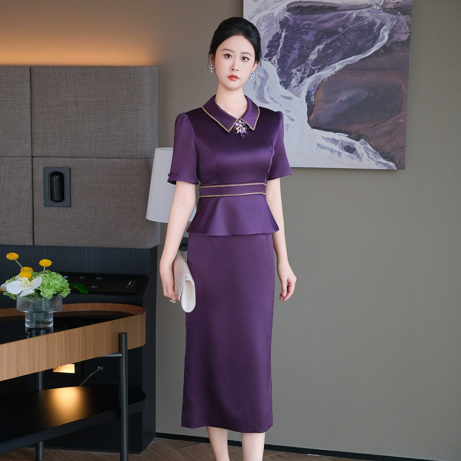 Новый 2025 весенний летний городской стиль элегантный женский гвоздь бриллиант французский атласный старое платье завод прямых продаж