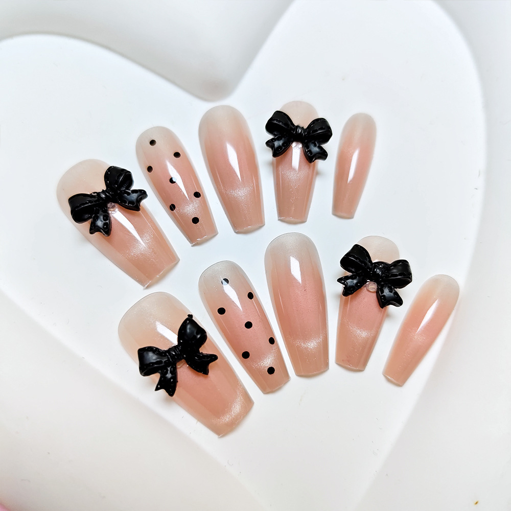 Polvo desnudo, arco negro, manicure dulce, lindo y juguetón, uñas de 10 piezas, parches de uñas falsas. image 5