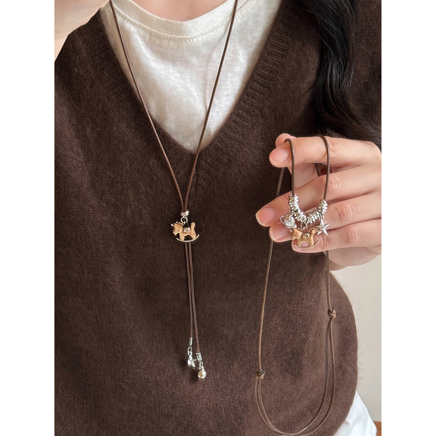 New Chinese-Style Wooden Pony Pendant Necklace, Vintage and Versatile Sweater Chain, Youthful and Luxurious Niche Jewelry for Women