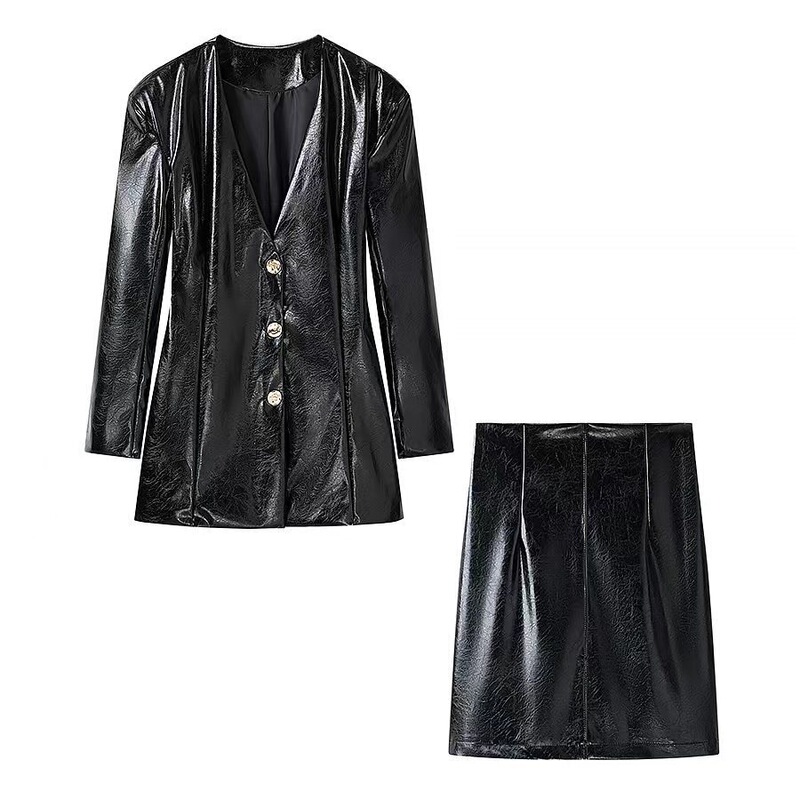 Cross-Border Wholesale Women's New Style V-Neck Pu Leather Slim-Fit Long-Sleeve Blazer Straight High-Waisted Skirt Set
