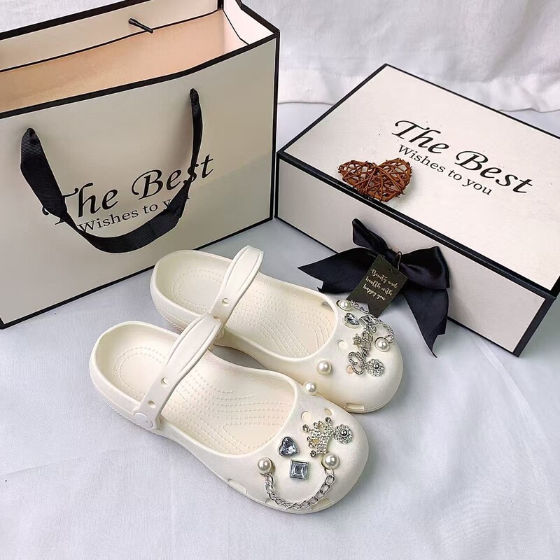 2026 New Ballet Clogs for Women, Silver with Diamond-Embellished Crown and Letter Series, Non-Slip Sandals with Thick Soles