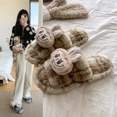 毛毛拖鞋女卡通毛绒拉布布居家室内棉拖鞋格子毛平底一字大码拖鞋