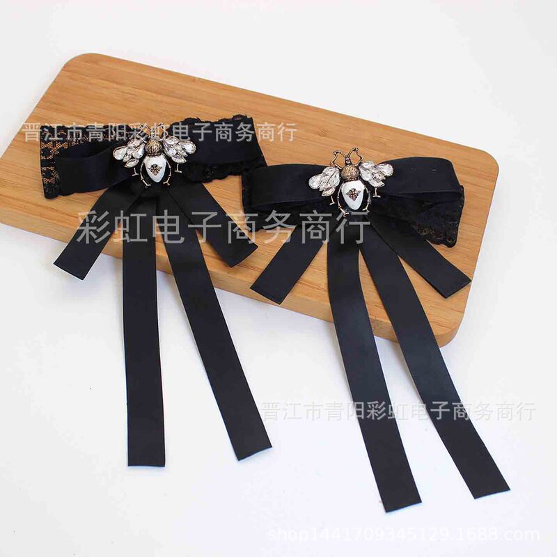 New Internet Celebrity Rhinestone Bee Bow Brooch Preppy Style Shirt Lace Black Collar Flower Decoration