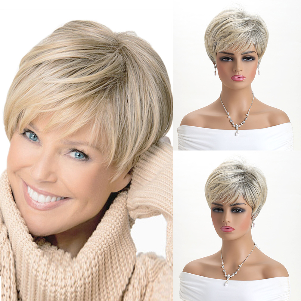 Pelucas de estilo europeo y americano populares y de gran venta para mujer 2026, cabello corto realista y natural de color mixto con flequillo diagonal, peluca de fibra sintética con flequillo de aire.