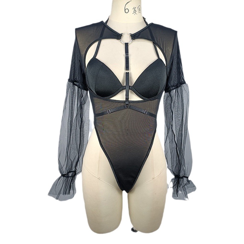 2023 nuevo europeo y americano transfronterizo sexy traje de ropa interior de una pieza perspectiva malla de rocío tentación pasión uniforme