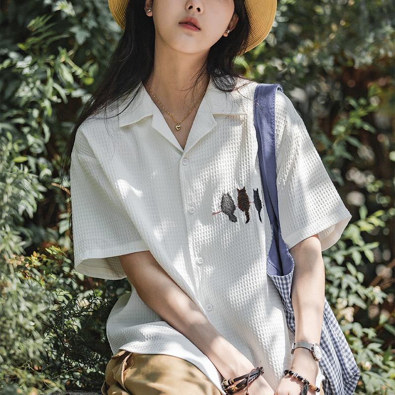 Madden Women's Casual Shirt White Design Sense Cat Embroidered Loose Short-sleeved Shoulder Shirt Summer Thin Madden Women's Casual Shirt White Design Sense Cat Embroidered Loose Short-sleeved Shoulder Shirt Summer Thin