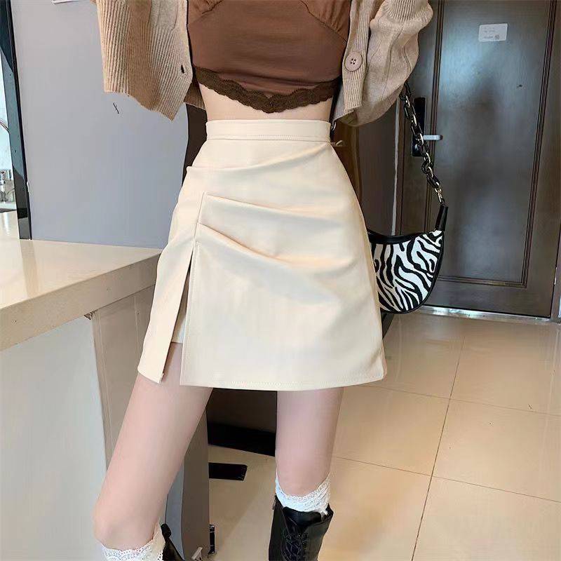 High Waist Bag Hip Shorts Split Pleated Small Leather Skirt Women's Slim Skirt High Waist Anti-light Cover Crotch Skirt Bag Hip
