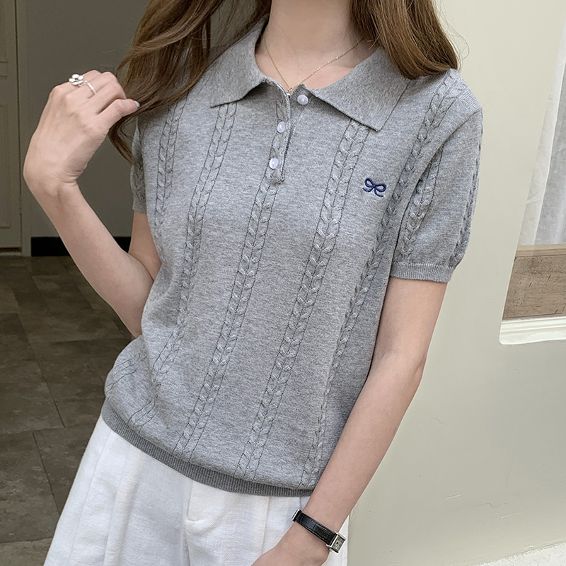 French Style Polo Collar Twist T-shirt Women's Summer Bow Embroidered Knitted Small Shirt Slimming Age-reducing Short-sleeved Thin Top