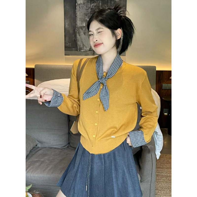 早秋新款假两件圆领毛衣外套女装2025韩系高级感气质针织开衫上衣|undefined