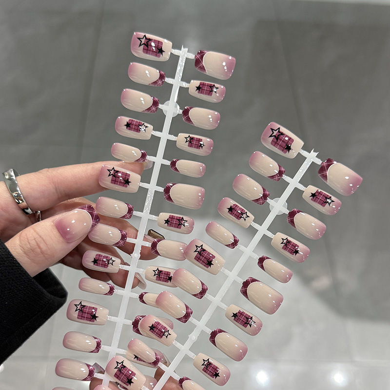 预制甲JK法式格纹裸色渐变精品穿戴美甲新款中方甜美可爱全码甲片|undefined