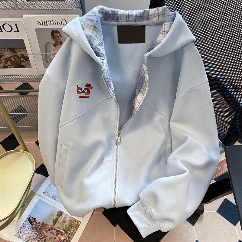 {Original Cloth Velvet} Korean Plaid Cardigan Jacket for Men and Women Spring & Fall Dachshund Embroidered Hooded Sweatshirt Isn