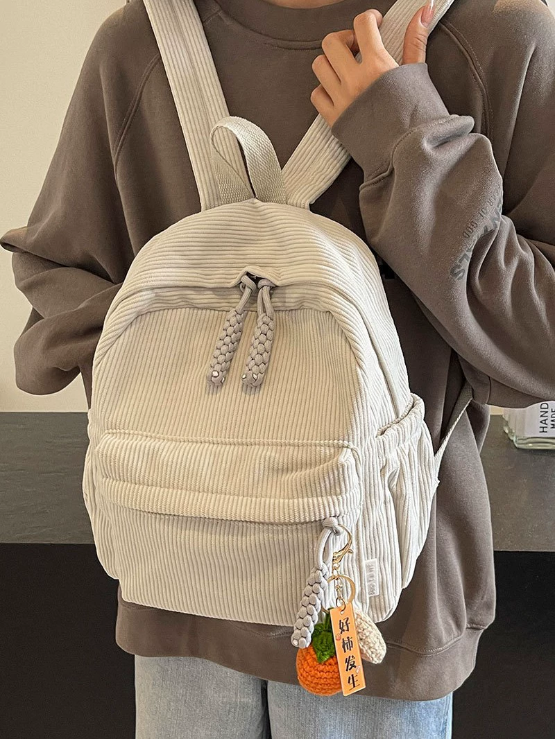 Backpack small shoulder travel bag, city style, corduroy texture, 27×14×30 cm, pendant option