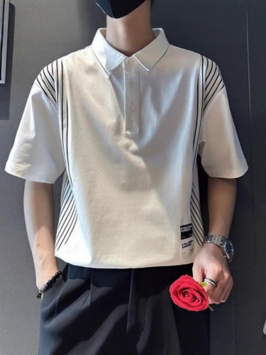 Ice silk short-sleeved T-shirt men's summer thin lapel polo shirt high-end casual beaded cotton summer fashion brand half-sleeves