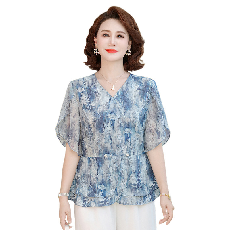 おしゃれな婦人服、おしゃれなママ服、気質シフォン中年シャツ、夏服、中高年婦人服、50代薄手|undefined