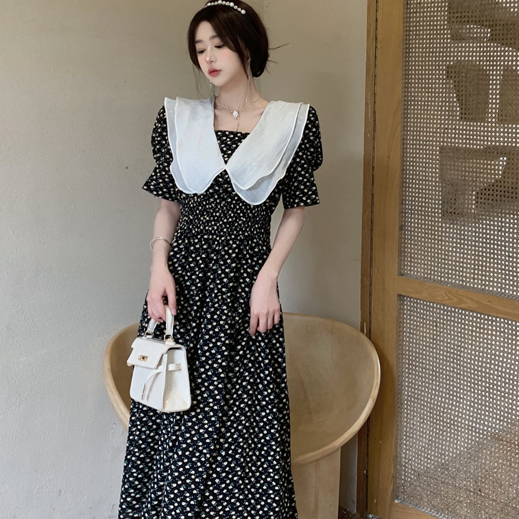 Fat Sister French Double-Layer Doll Collar Puff Sleeve Floral Dress Summer New Gentle Waist Slimming Look Long Skirt