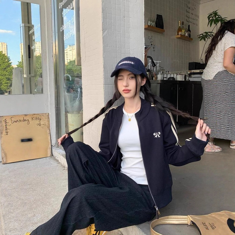 韩版条纹刺绣运动外套女装早秋时尚穿搭立领百搭显瘦短款开衫夹克|undefined
