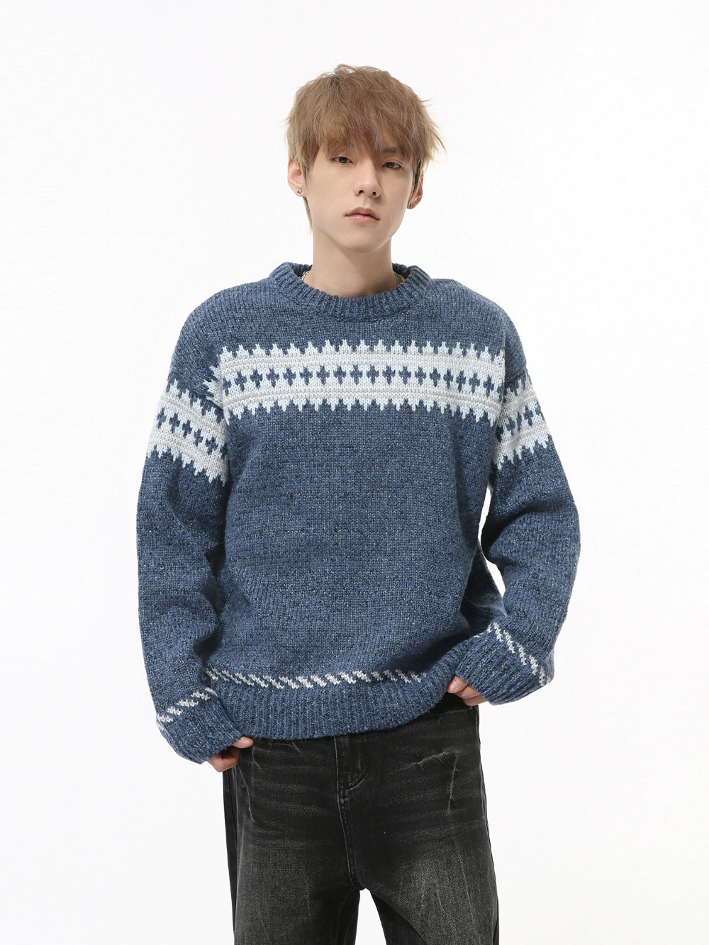 MTLCLOTHES Hombres| Nuevos productos de otoño coreano color contraste diseño de cuello redondo retro suéter de fondo suelto