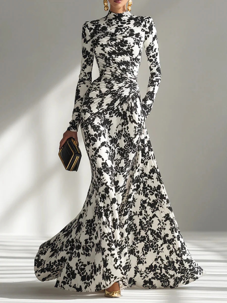 Autumn High-Waisted Pleated Full Skirt Dress For Women Sexy Long-Sleeved Fitting_ecoleips.com