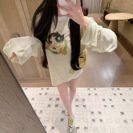 浅黄绿条纹飞天小女警卡通印花防晒上衣卡通减龄宽松休闲长袖T恤