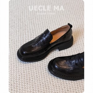 牛皮版~厚底乐福鞋女秋冬新款复古通勤单鞋子一脚蹬英伦风小皮鞋