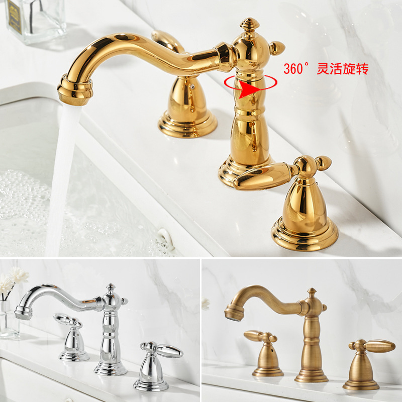 European-Style Golden Brass Three-Hole Basin Faucet 8-Inch Split-Type Hot and Cold 3-Hole American Bathroom Faucet Under-Counter Basin