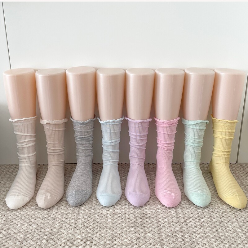 Spring and Summer Macaron Color Series Ultra-Soft Thin Ruffled Loose Ribbed Vertical Stripe Elastic Slimming Slouch Socks for Women