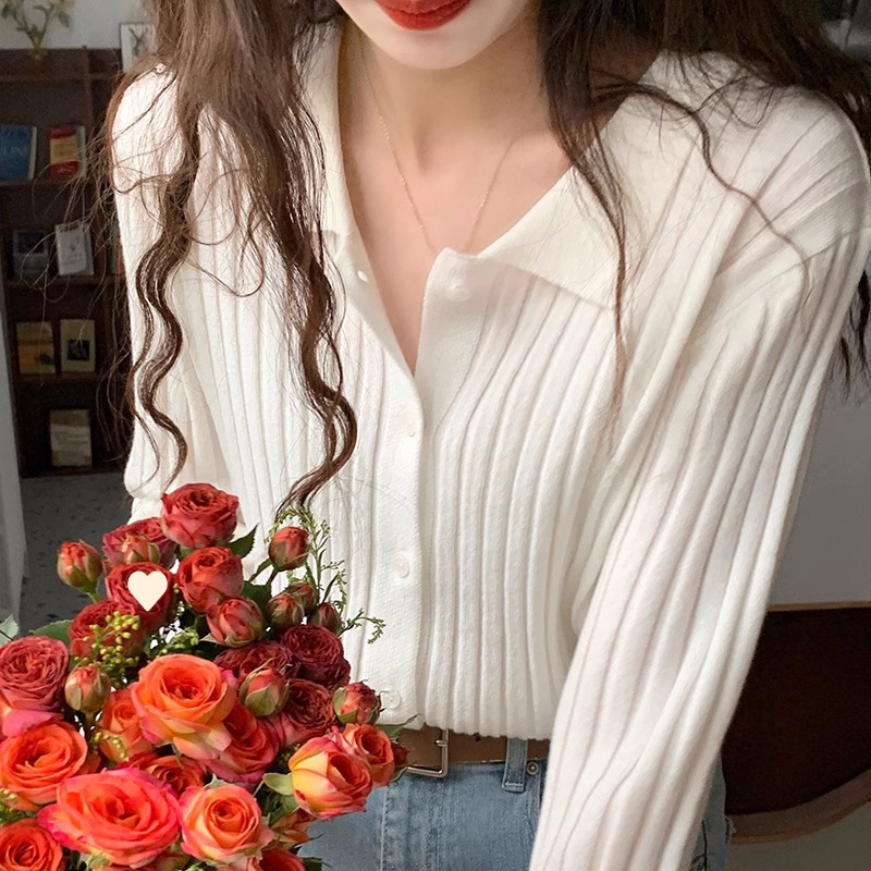 Polo Lapel Knitted Base Shirt Early Autumn New Retro Gentle Inner Sweater Cardigan Slim-fit Top for Women