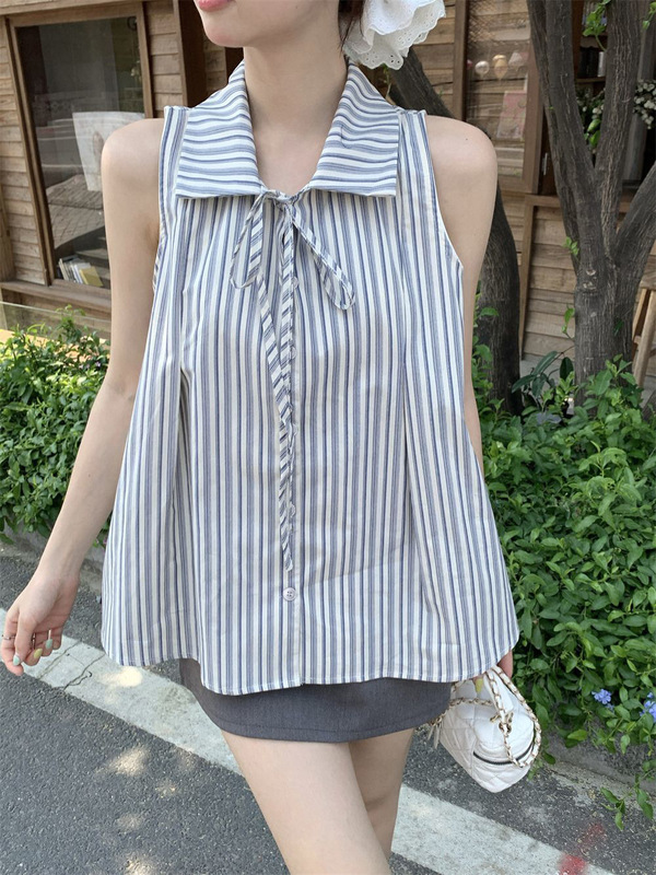 工場供給デザインフレンチハイエンドストライプリボンシャツノースリーブトップ学生スリムベスト女性夏|undefined