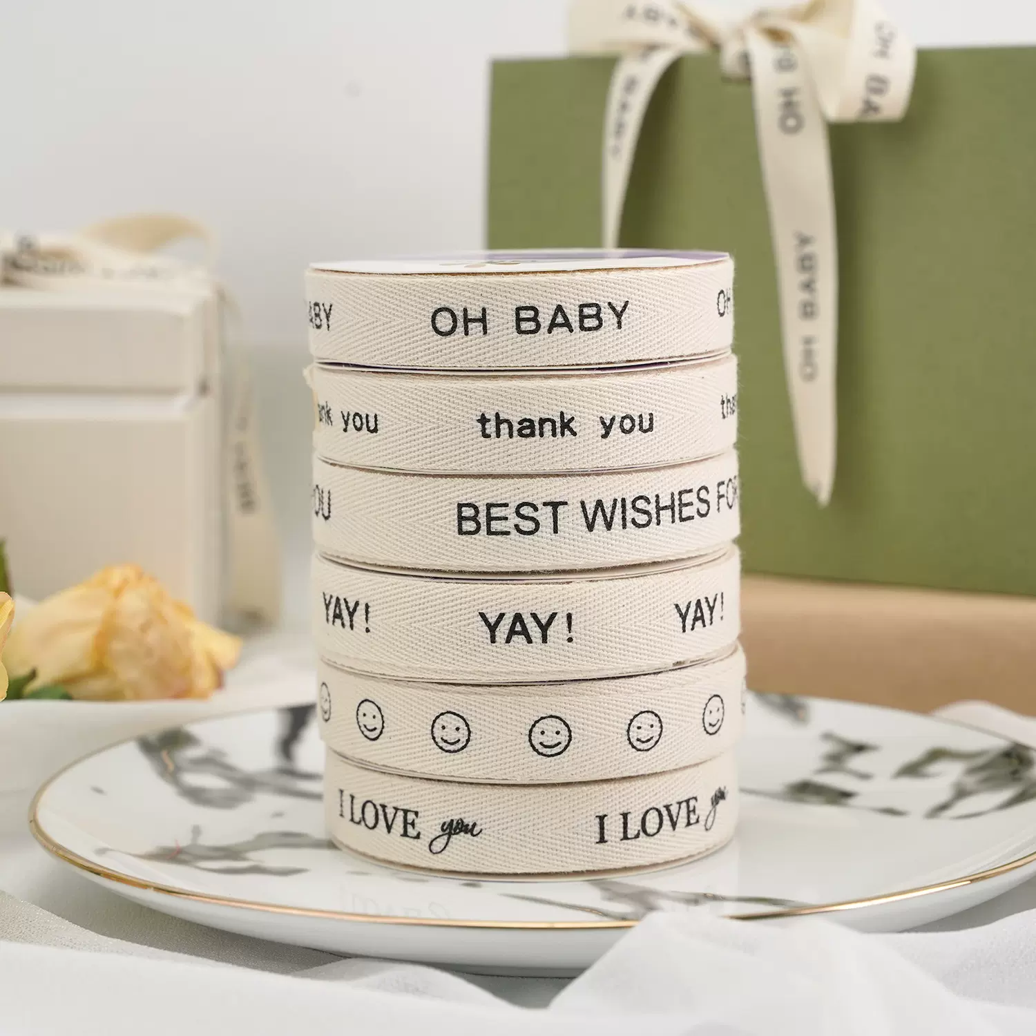 跨境印刷棉织带定制本白丝带烘焙服装鲜花礼品包装细人字纹丝带