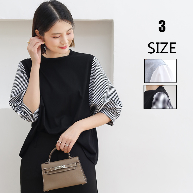 Japanese and Korean new spring/summer 2022 women's chic top Western style retro stitching lantern sleeve T-shirt Japanese style Letian