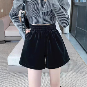 2024早秋新款宽松阔腿a字靴裤松紧腰金丝绒黑色短裤女外穿加厚裤