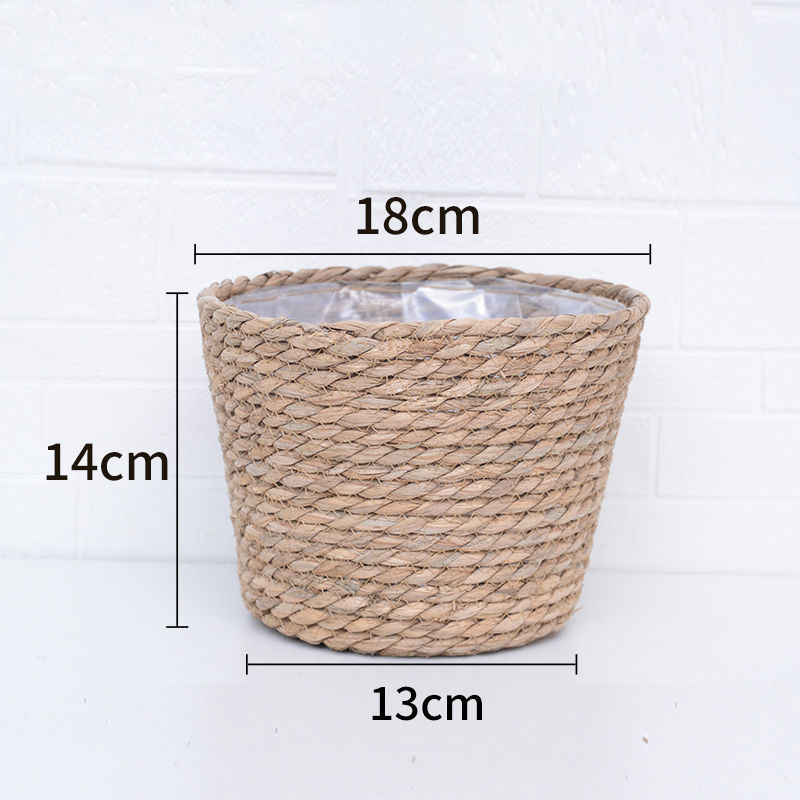 Cesta de Flores Tejida de Paja con Película Impermeable para Plantas de Interior
