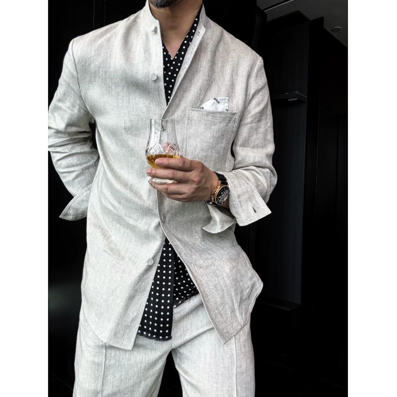 Summer High-End Linen Stand-Collar Long-Sleeved Shirt, Casual Pants, Sports Fashion Suit, Men's Loose Luxury Two-Piece Set