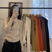 方领抽绳新品打底衫女春秋季长袖正肩毛衣薄款秋冬内搭假两件上衣