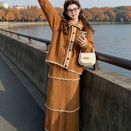 巨好看棕色翻领针织毛衣开衫半身裙子套装女装超火冬装一整套休闲