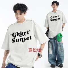 夏用ぼんやりプリント厚手320g半袖Tシャツメンズジッパーデザイン七分袖トップストレンディブランドルーズTシャツ