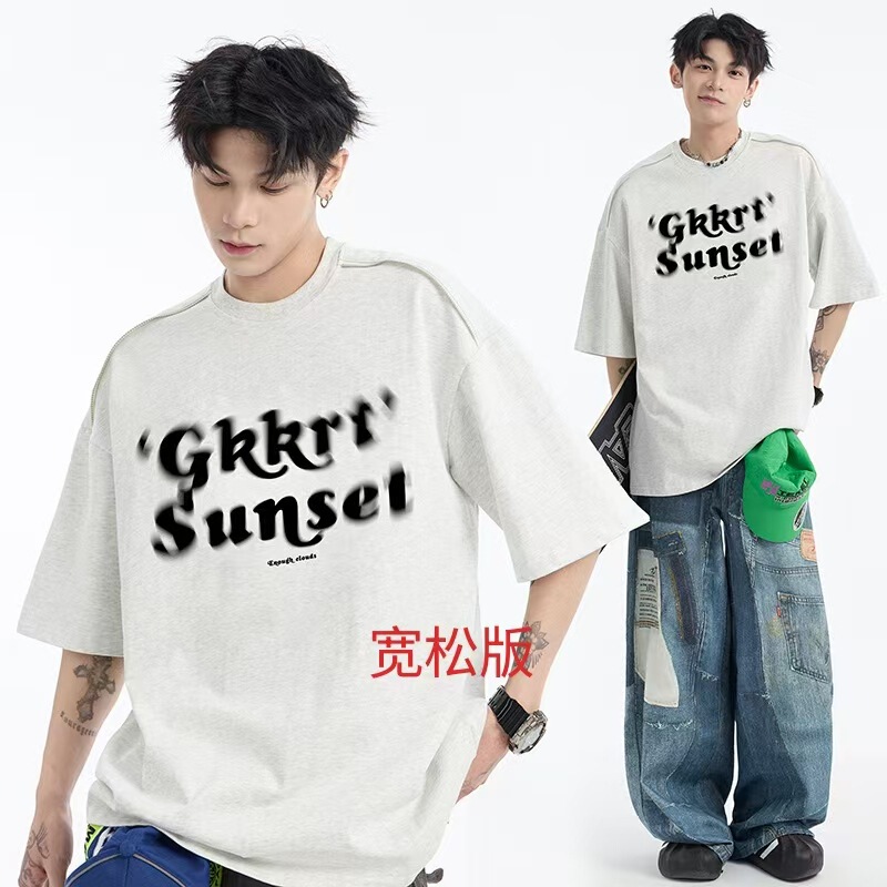 夏用ぼんやりプリント厚手320g半袖Tシャツメンズジッパーデザイン七分袖トップストレンディブランドルーズTシャツ|undefined