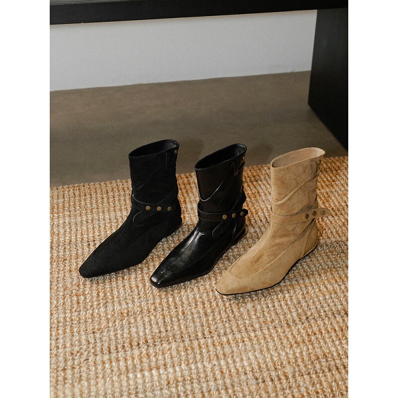 Western Boots for Women with Small Square Toe Belt Buckle, Low Heel, Retro, Versatile, Wide Tube, Slimming, Niche Short Boots Western Boots for Women with Small Square Toe Belt Buckle, Low Heel, Retro, Versatile, Wide Tube, Slimming, Niche Short Boots