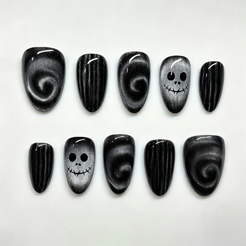 30 pieces of cross-border Halloween sweet and cool black and white ghost face cat eye almond-shaped press-on nails, high-end dizzy nail art pieces in stock for wholesale 30 pieces of cross-border Halloween sweet and cool black and white ghost face cat eye almond-shaped press-on nails, high-end dizzy nail art pieces in stock for wholesale