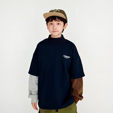 童装卫衣2025冬季新款男童中大童加绒撞色半高领卫衣拼色潮卫衣