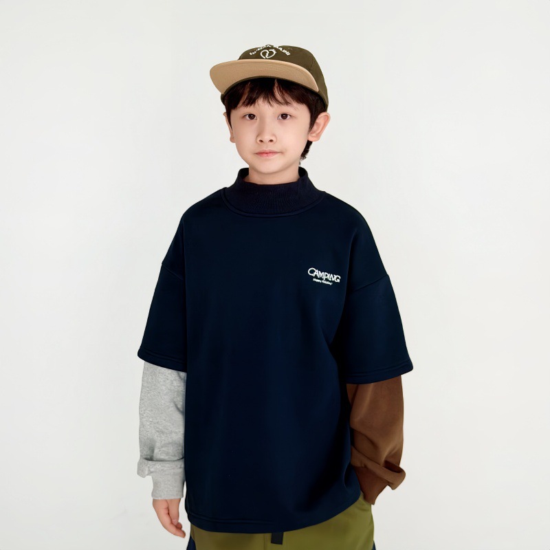 童装卫衣2025冬季新款男童中大童加绒撞色半高领卫衣拼色潮卫衣