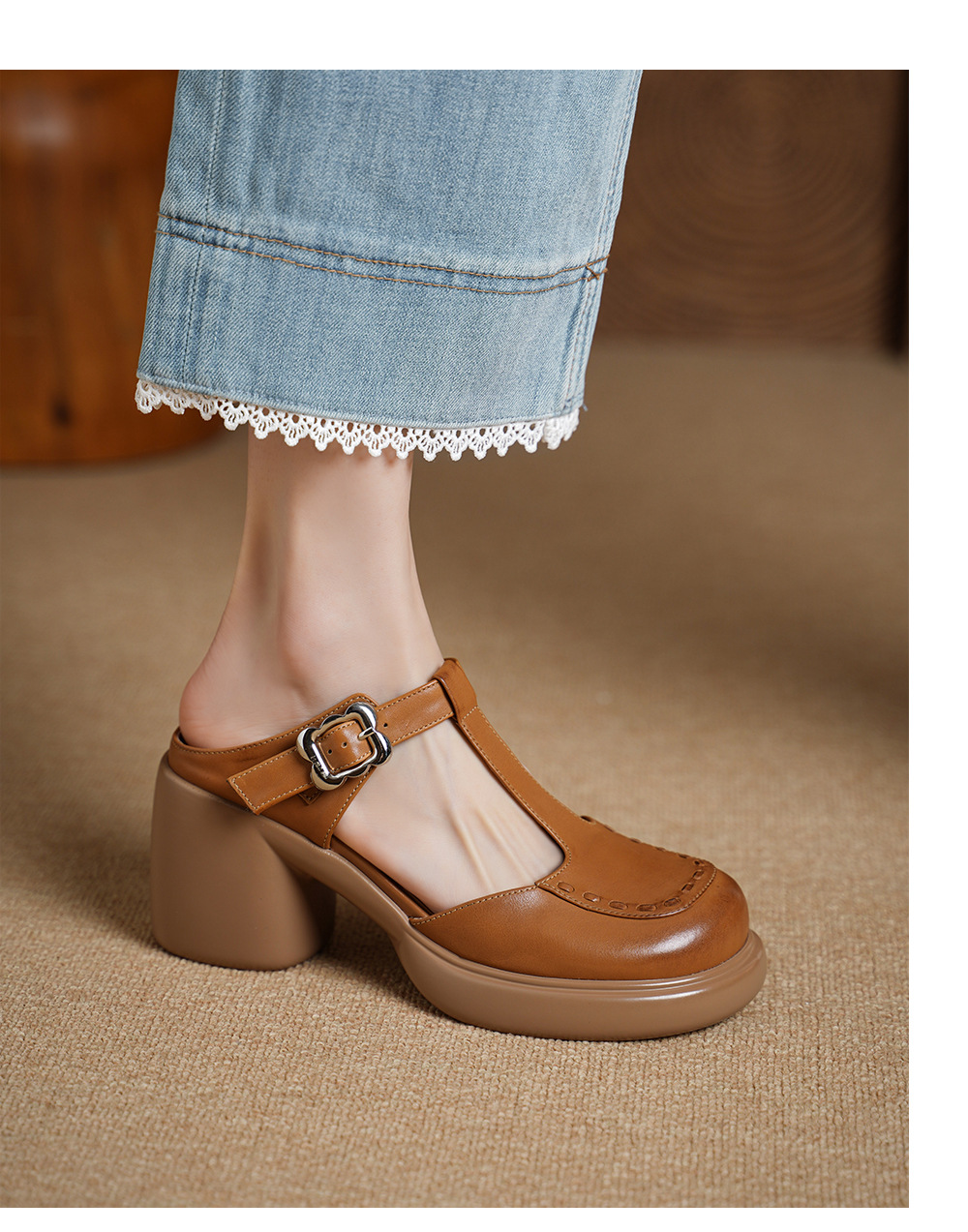 Sandal Mary Jane nữ mũi nhọn gót cao 8 cm quai ngang khóa dây — màu trắng ngà chi tiết 5