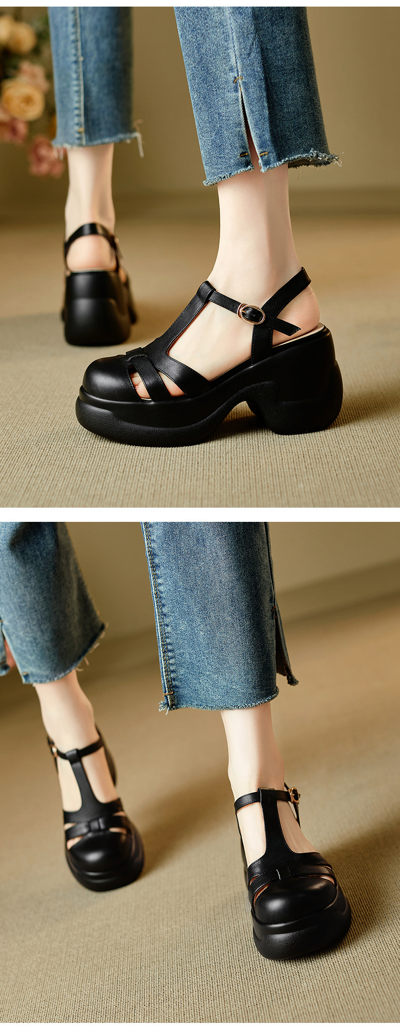 Sandal nữ quai chữ T đế xốp dày phong cách La Mã dệt — đen chi tiết 6