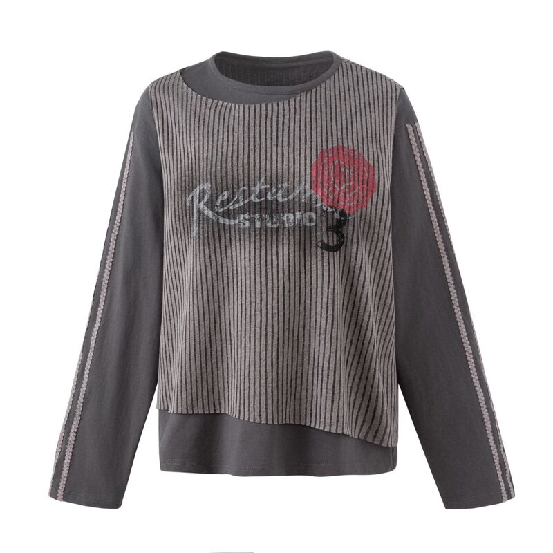 Qihong Clothing's American Street Style Light Grunge Patchwork Striped Faux Two-Piece Sweatshirt