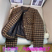 咖啡格子韩式小香风外套女2025秋冬新款夹棉加厚高级感毛呢子上衣